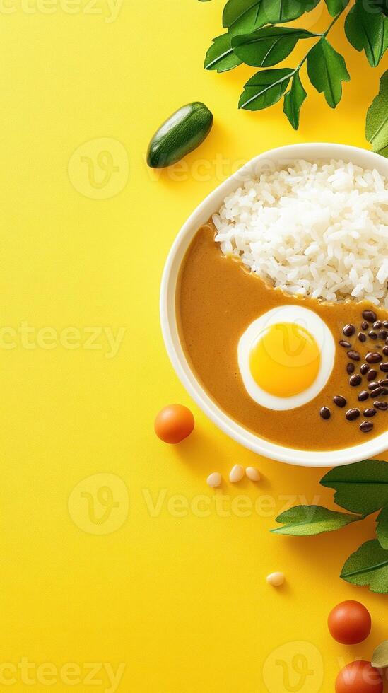 Curry with rice, egg, and peppers on a yellow background, for menus and food blogs photo
