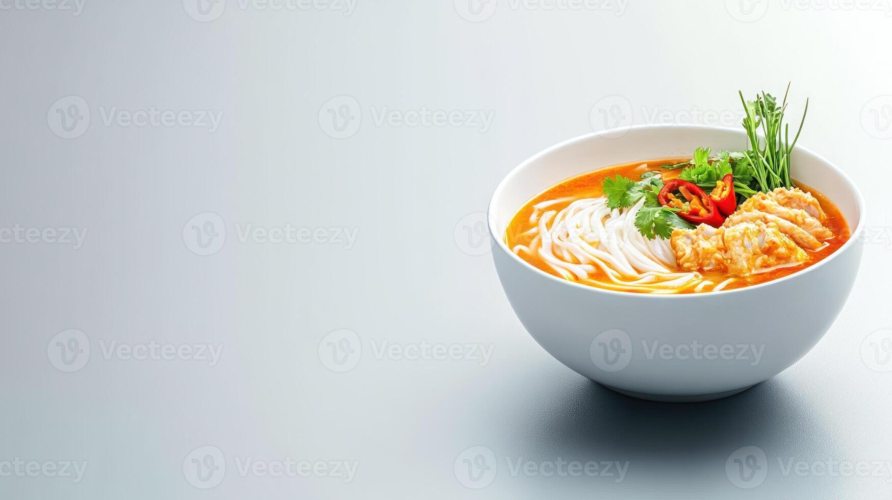 Delicious Asian noodle soup with chicken and vegetables on grey background, for menu or recipe photo