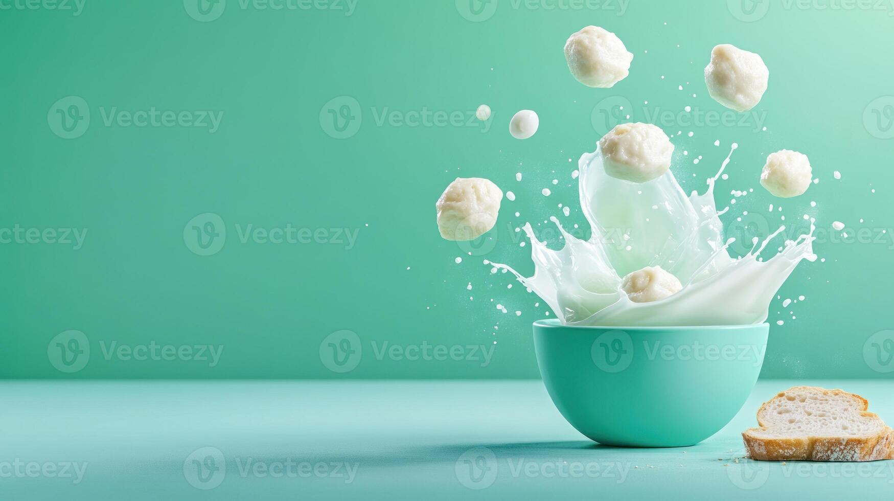 Dairy explosion Balls levitate from a bowl splashing milk, with bread. Cooking blog photo