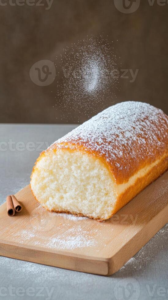 Delicious cake with cinnamon on a board is sprinkled with powdered sugar for festive baking photo