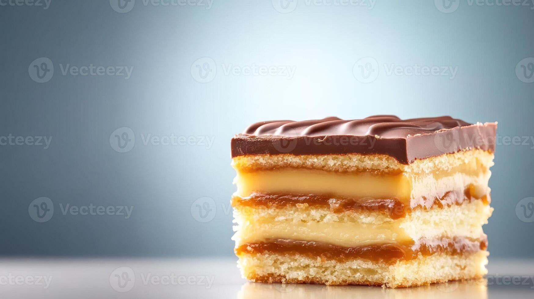 Delicious caramel cake. On light backdrop. For dessert menu, bakery or sweets shop photo