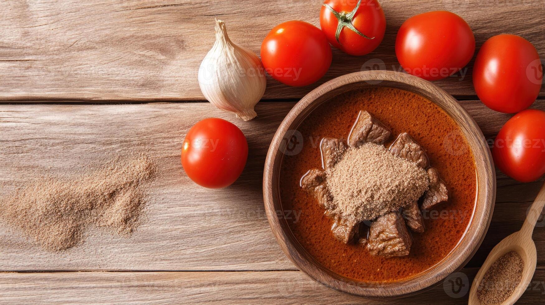 Delicious beef stew with tomato and garlic on wood table ready to eat as healthy food photo
