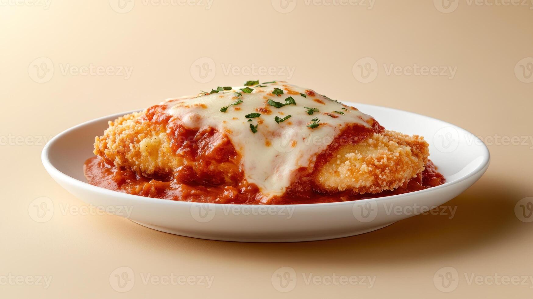 Delicious chicken parmesan on a white plate on a tan background for food blog photo