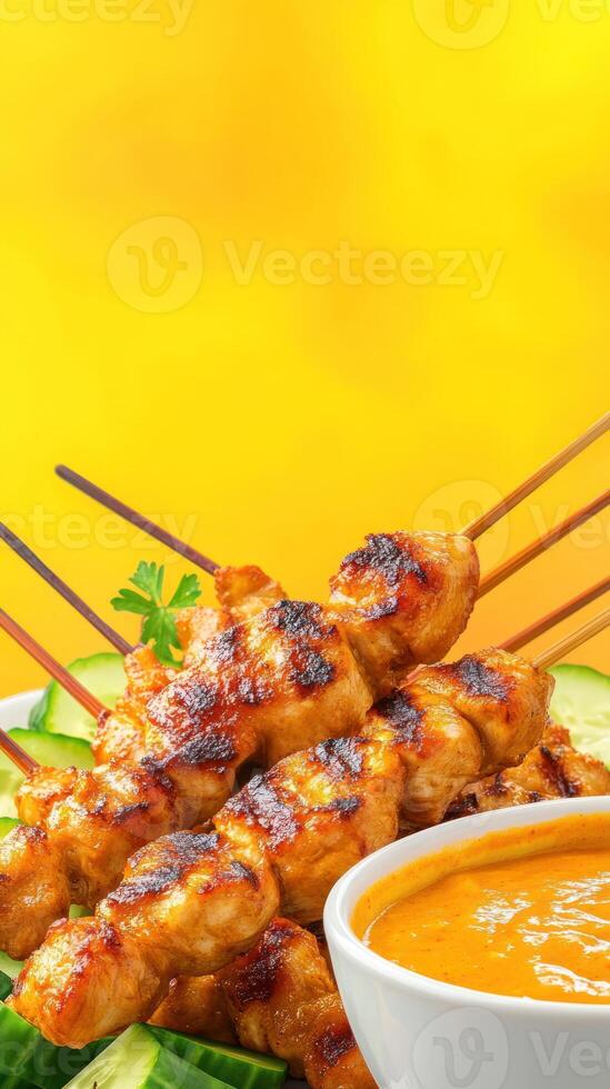 Delicious chicken skewers with peanut sauce. Grilled meat, fresh garnish, and food background. For restaurants photo