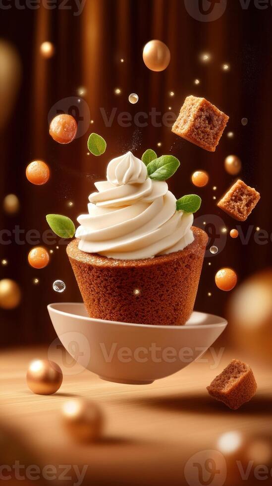 Delicious cupcake with frosting on a plate with candy, used for bakery ads, food blogs photo