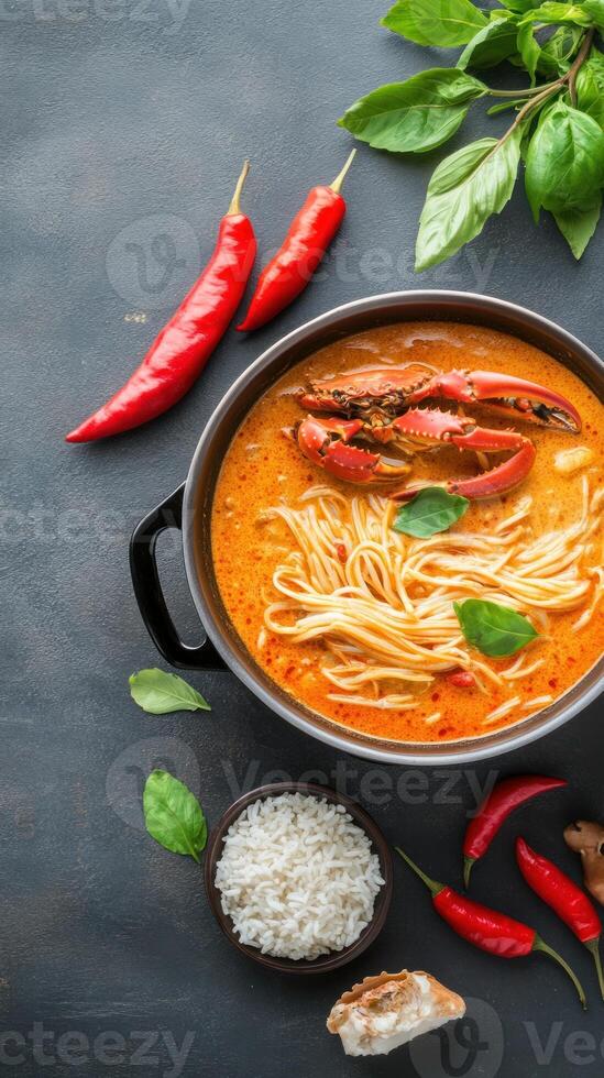 Delicious curry noodles with crab claws in a pot. Rice bowl and chili peppers in view photo
