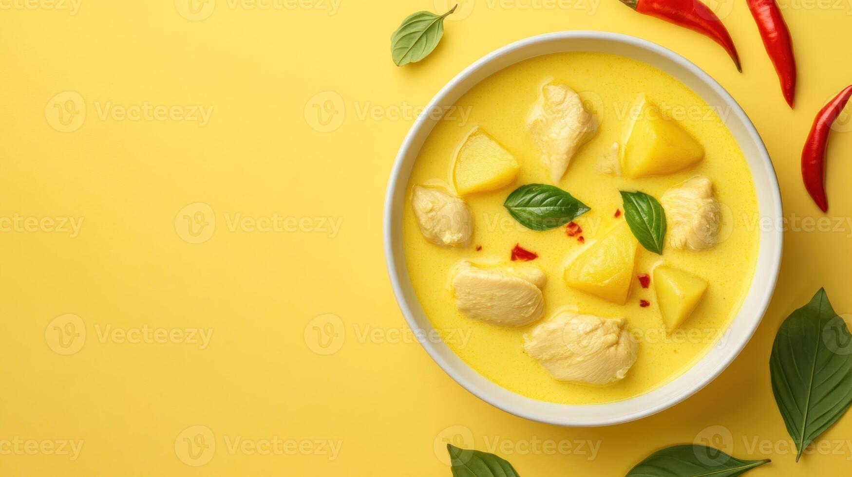 Delicious curry with chicken and potatoes on a yellow background. Food photography for blog photo