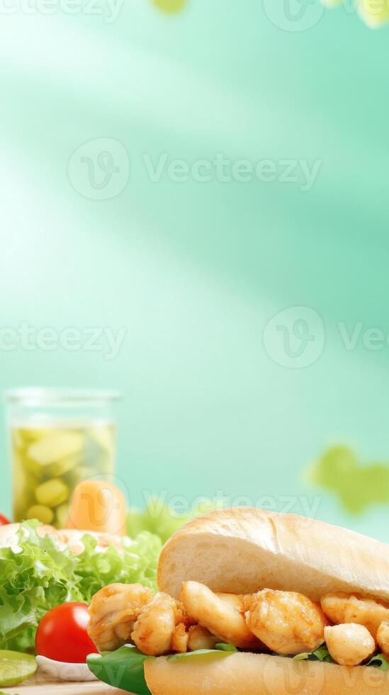 Delicious fried shrimp sandwich with vegetables, on a wooden board, in a kitchen with a green background photo