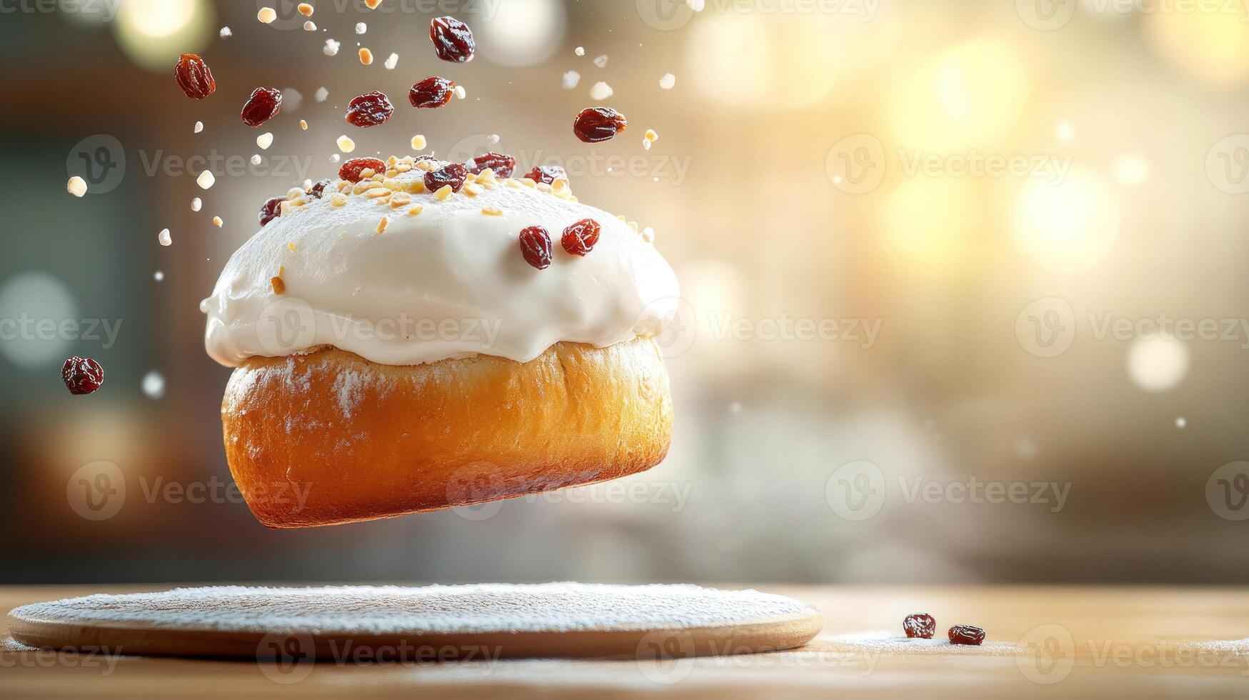Delicious frosted bun with dried cranberries levitates over a wooden table with blurred light photo