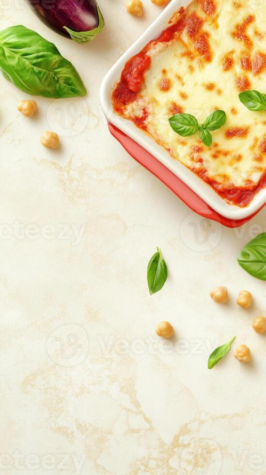 Delicious lasagna in a red dish with basil and eggplant on light marble background. Copy space for text photo