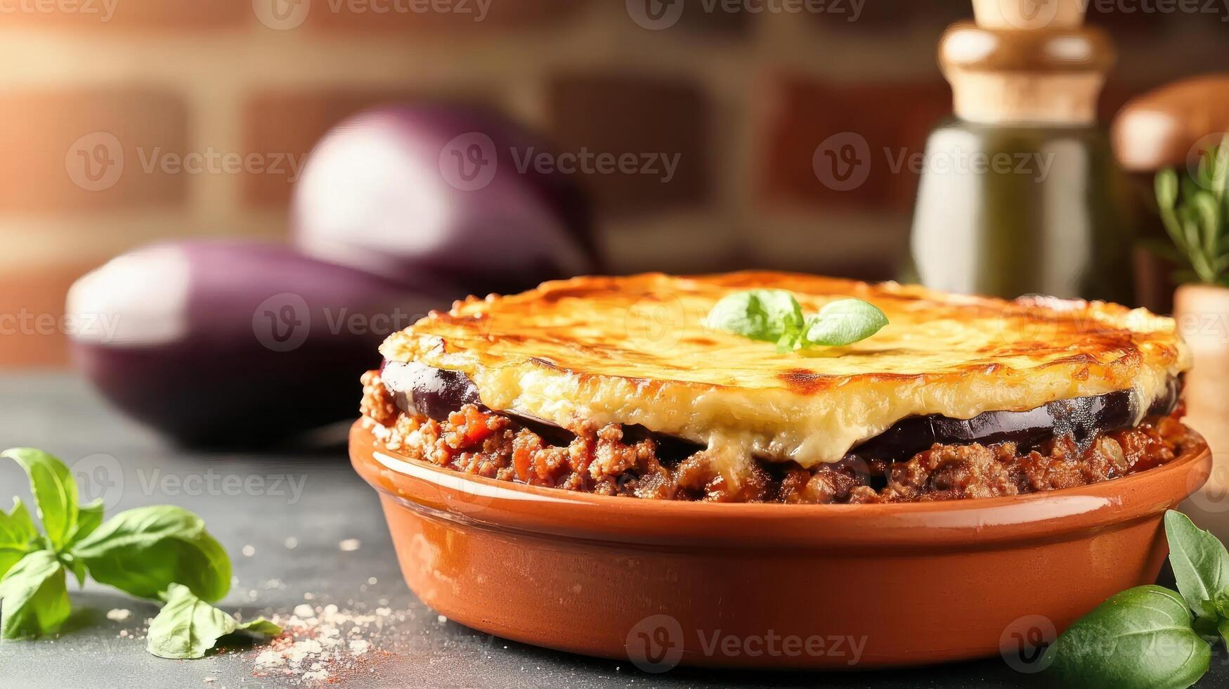 Delicious moussaka dish on countertop with brick wall in background, perfect for food blog photo