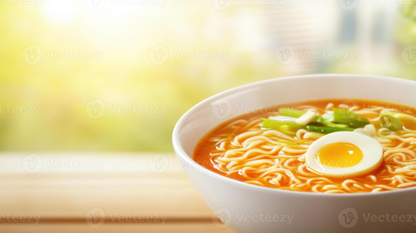 Delicious noodle soup with egg in a bowl, served outdoors, restaurant setting for food blogging photo