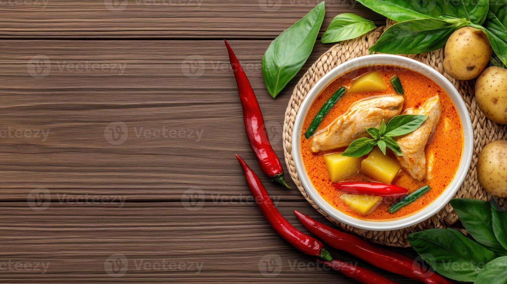 Delicious Red Curry with Chicken, Potatoes, and Herbs on a Table for menu photo