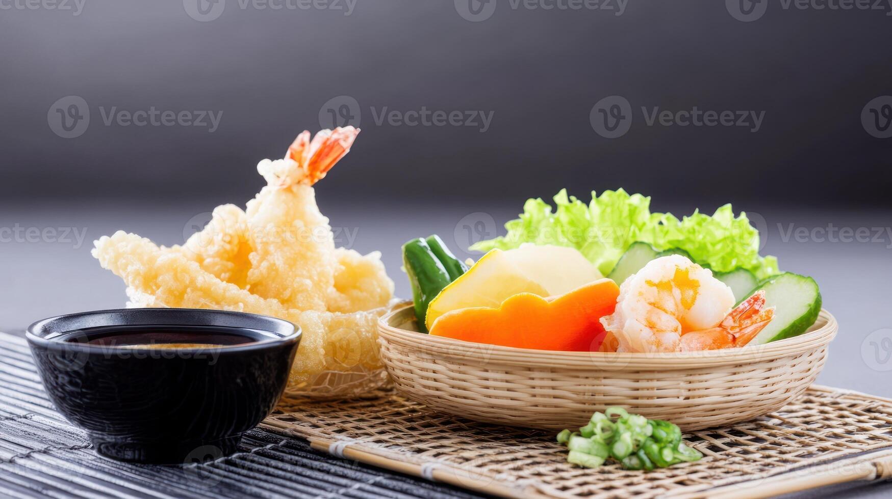 Delicious shrimp tempura with salad and dipping sauce served on a tray. Possible food ad photo
