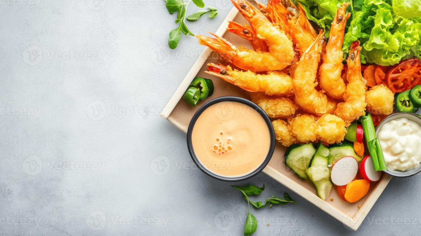 Delicious tempura shrimp with vegetables and sauce on tray, served as appetizer photo