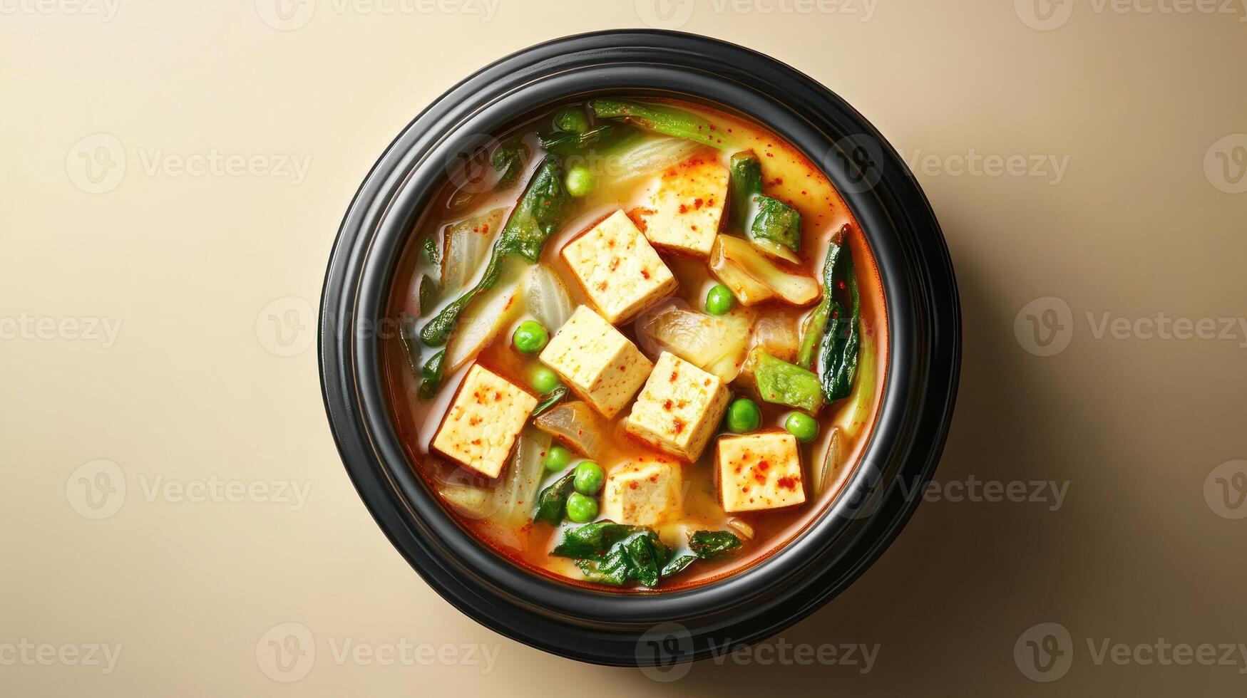 Delicious tofu soup served in a black bowl, fresh and steaming, for a healthy meal at a restaurant photo