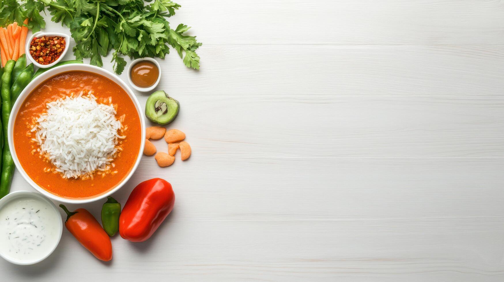 Delicious tomato soup with rice and greens, staged on table. Food photography for blog photo