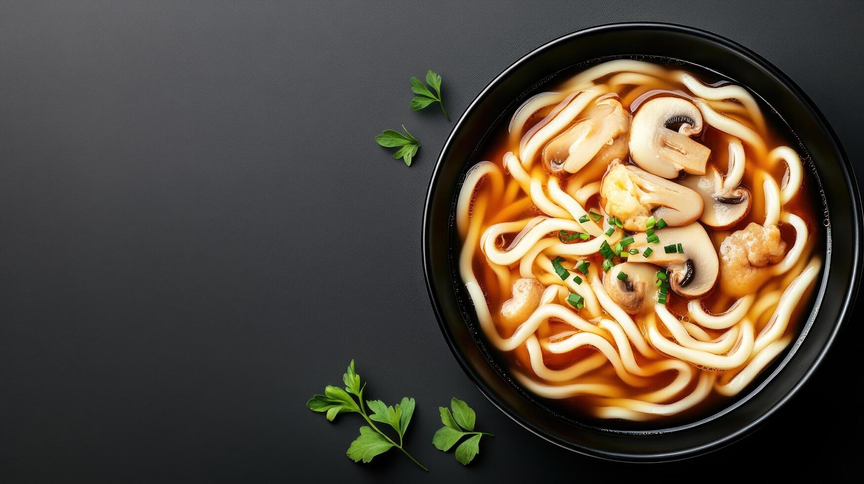 Delicious udon noodle bowl with mushrooms and broth on dark background. Asian food photography photo