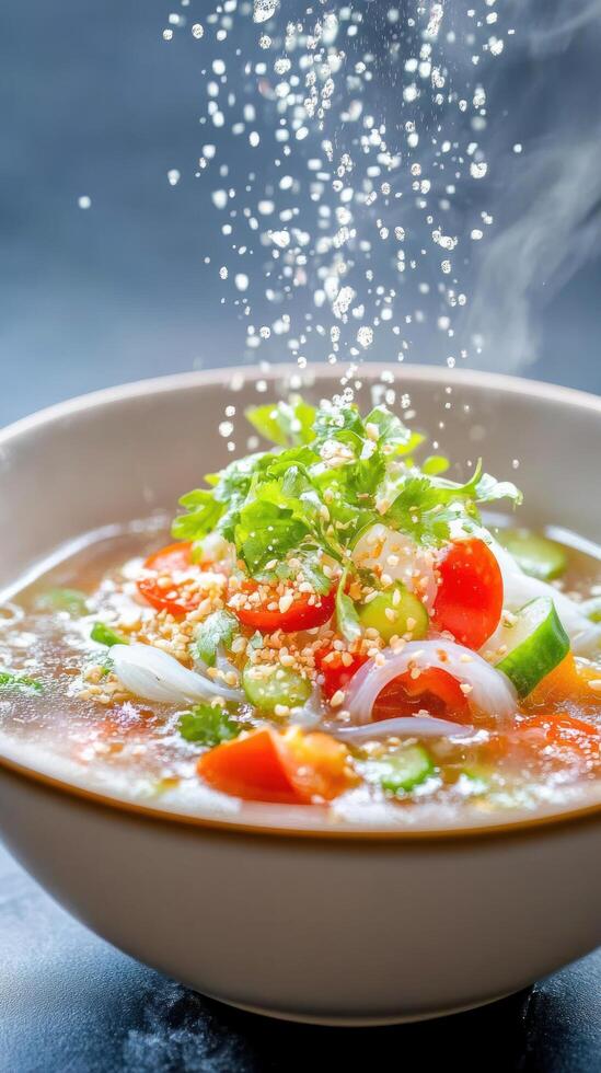 Delicious Vegetable Soup. Garnishing with Sprinkle on top. Steam in the Background photo