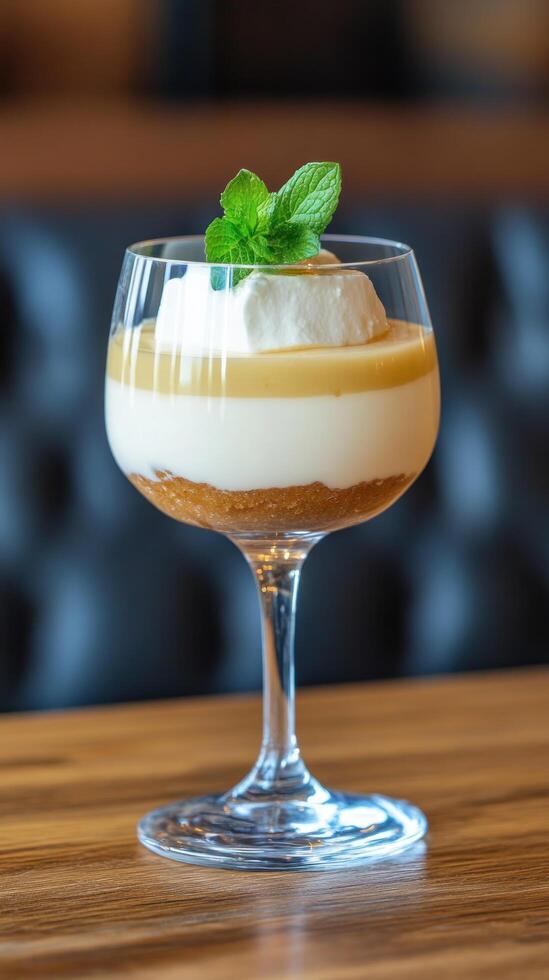 Dessert in a glass cream layered over biscuit base with mint garnish on a wooden table setting photo