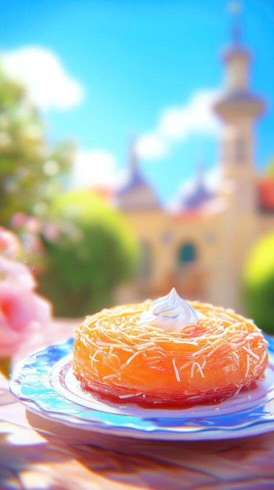 Dessert plate on table outside. Blue sky, castle, garden and roses in the background. Lifestyle photo