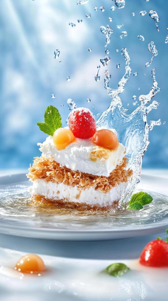 Dessert with fruit and water splash, for a healthy lifestyle in a blue background, nutrition ads photo