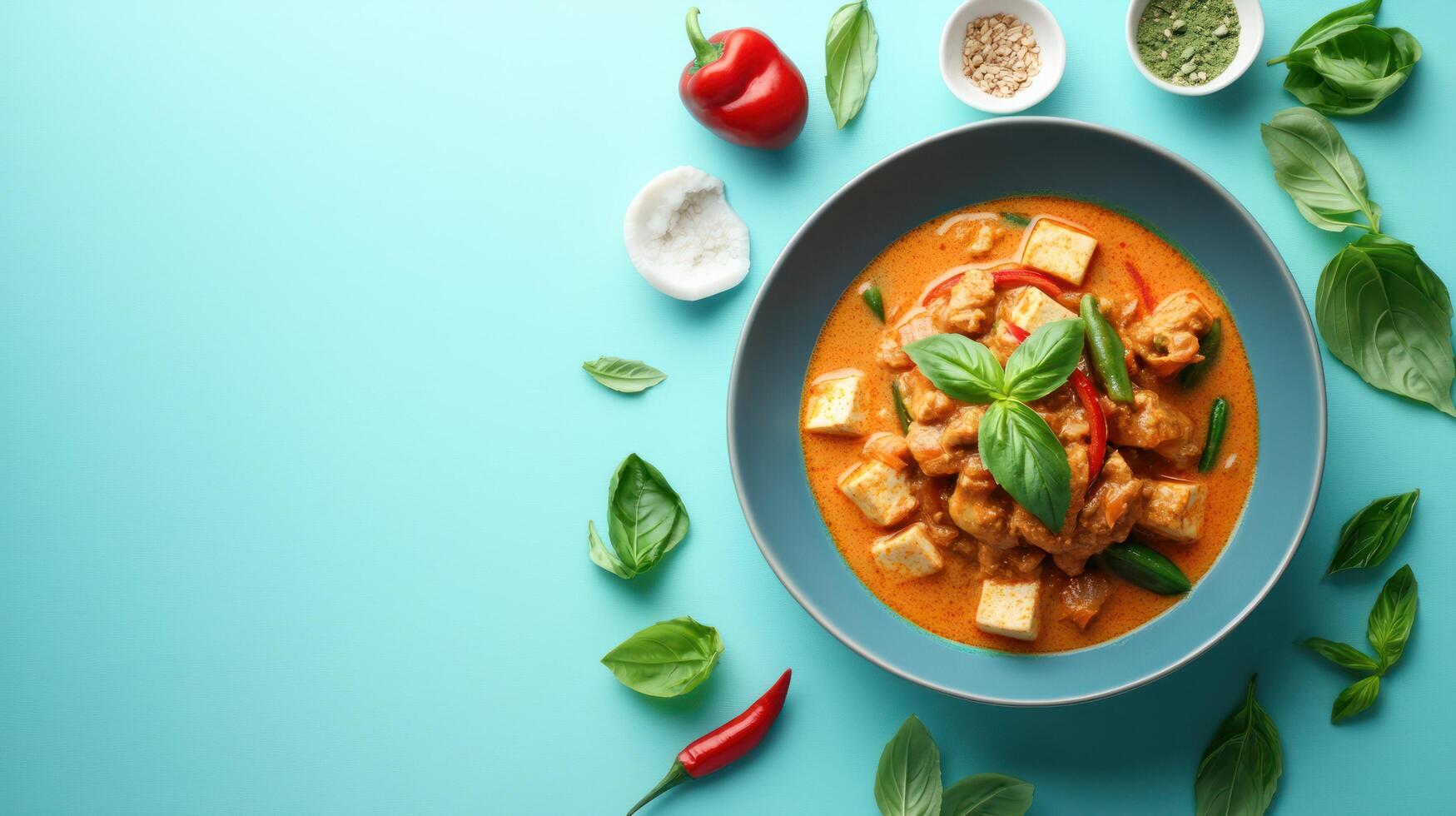 Dish Tofu red curry in bowl, with pepper on cyan background for meal prep, healthy eating concept photo