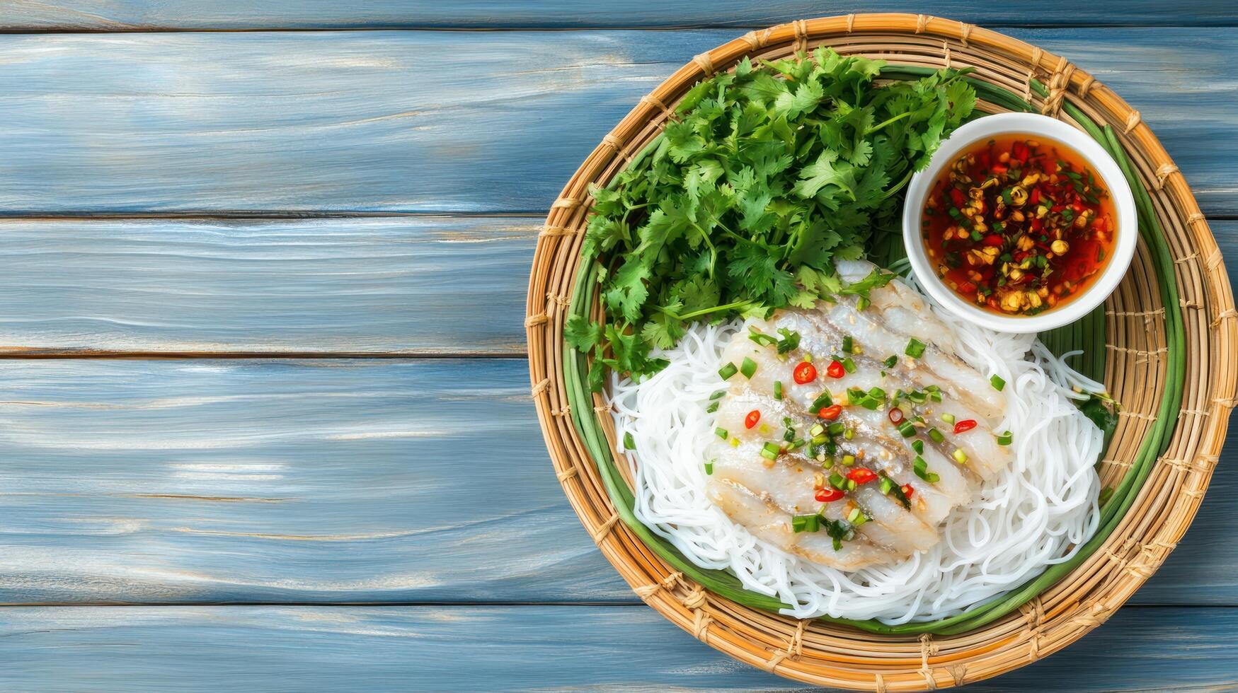 Dish of vermicelli with fish, greens, and sauce, served on basket on rustic wooden background photo
