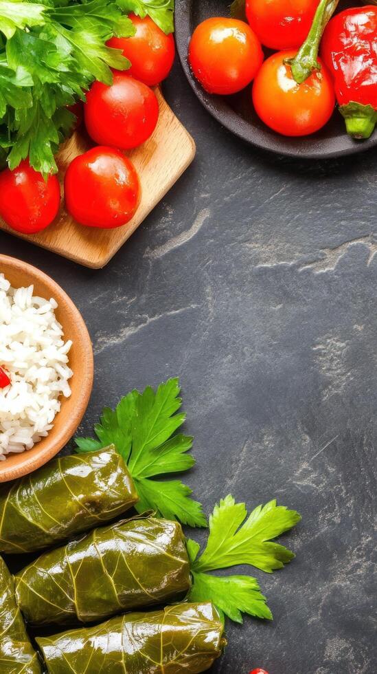 Dolma dish with tomatoes, herbs, and rice bowl on a dark stone background, top view. For menu usage photo