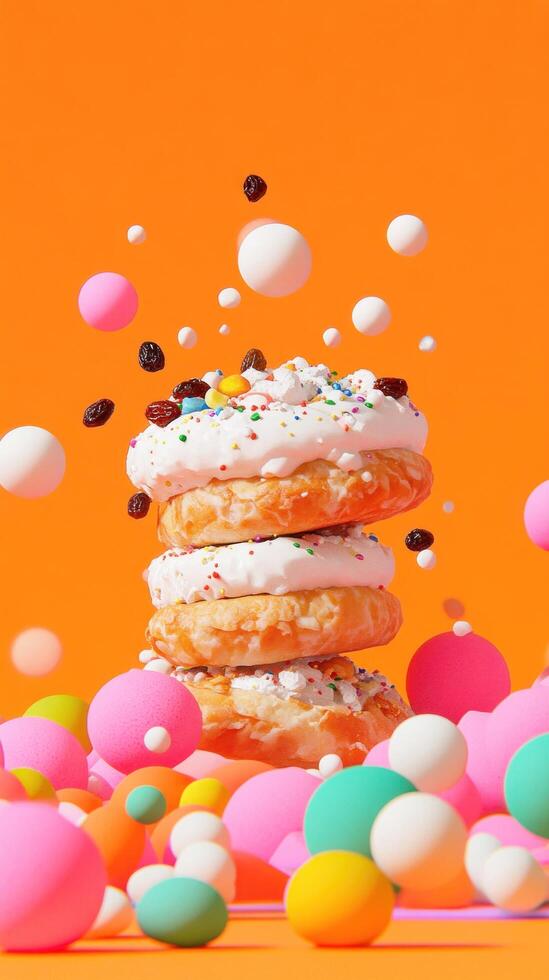 Donut Stack Levitation Sweet treat floating above pink and multicolored balls on orange background, food photography photo