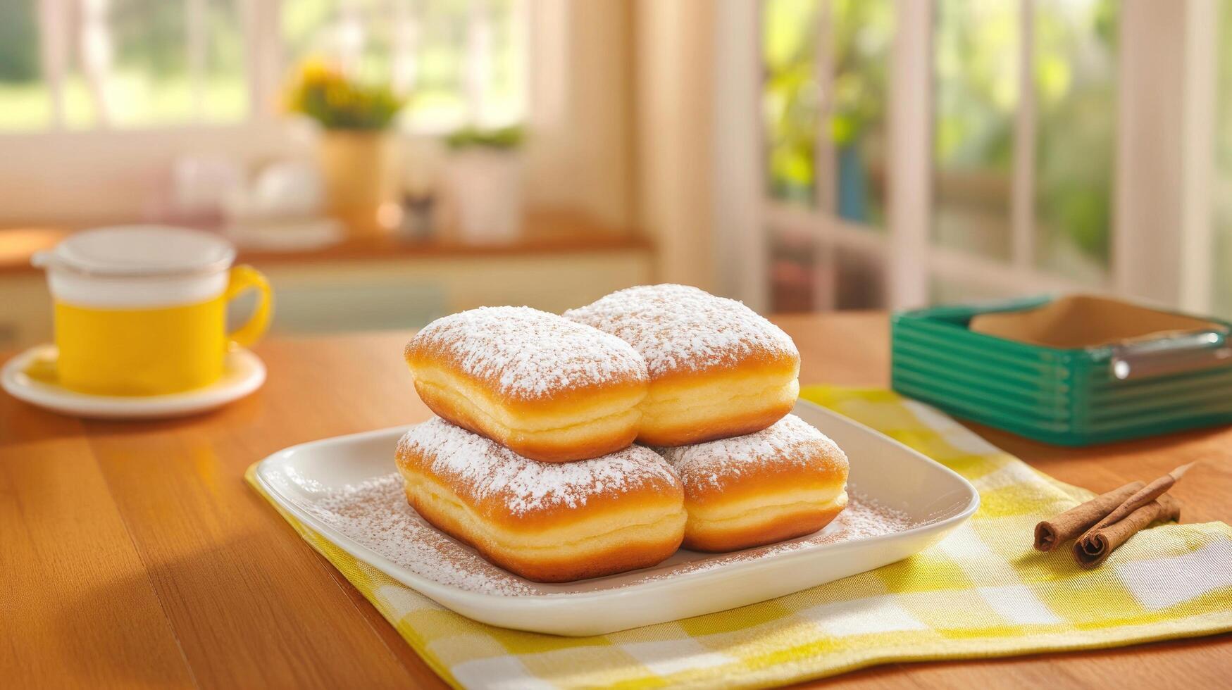 Donuts with sugar on a plate, with coffee, on a breakfast table, in a home kitchen, for food blogs photo