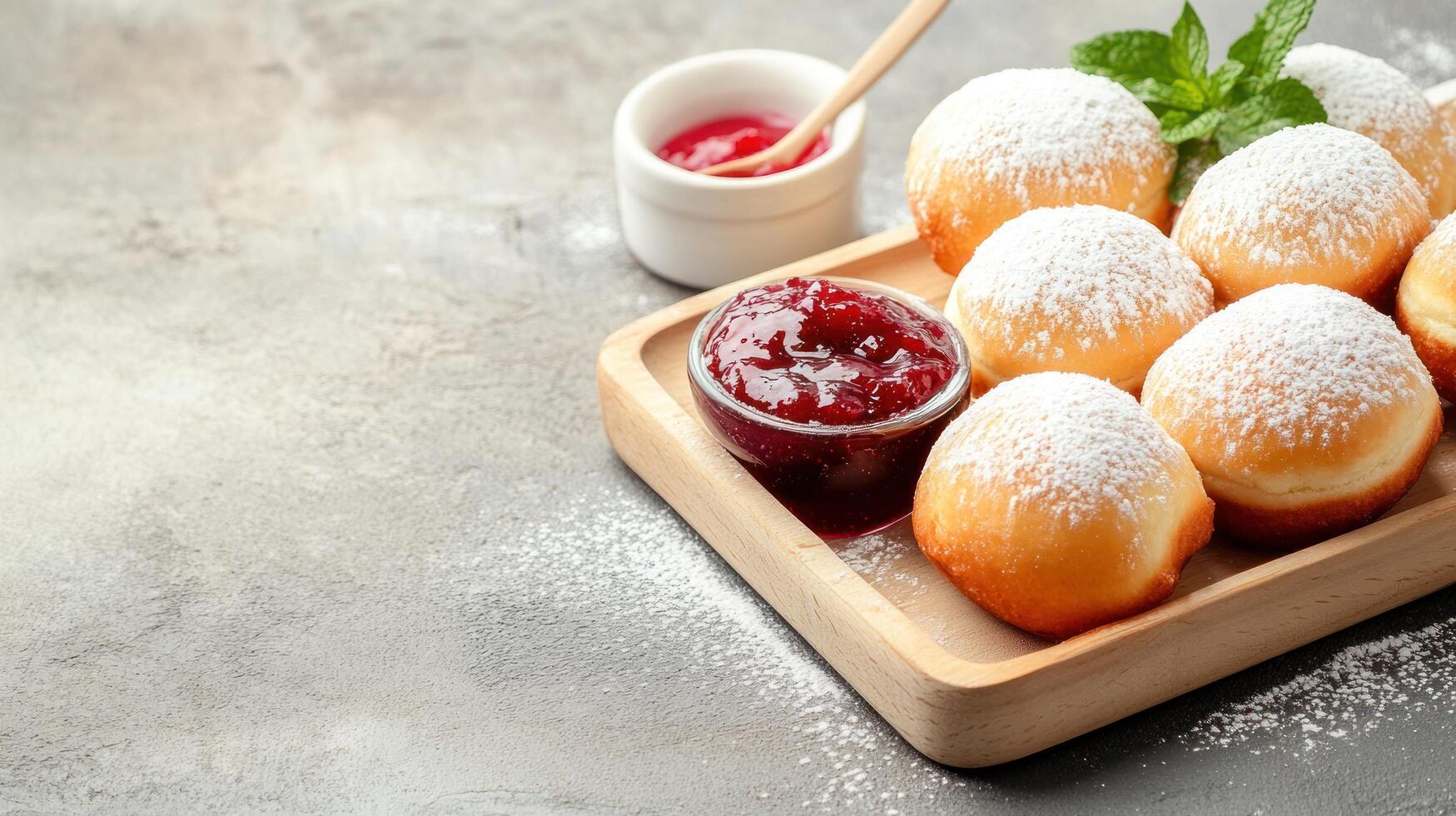 Doughnuts with jam and mint on a wooden tray. Dessert or breakfast concept. On gray textured background photo