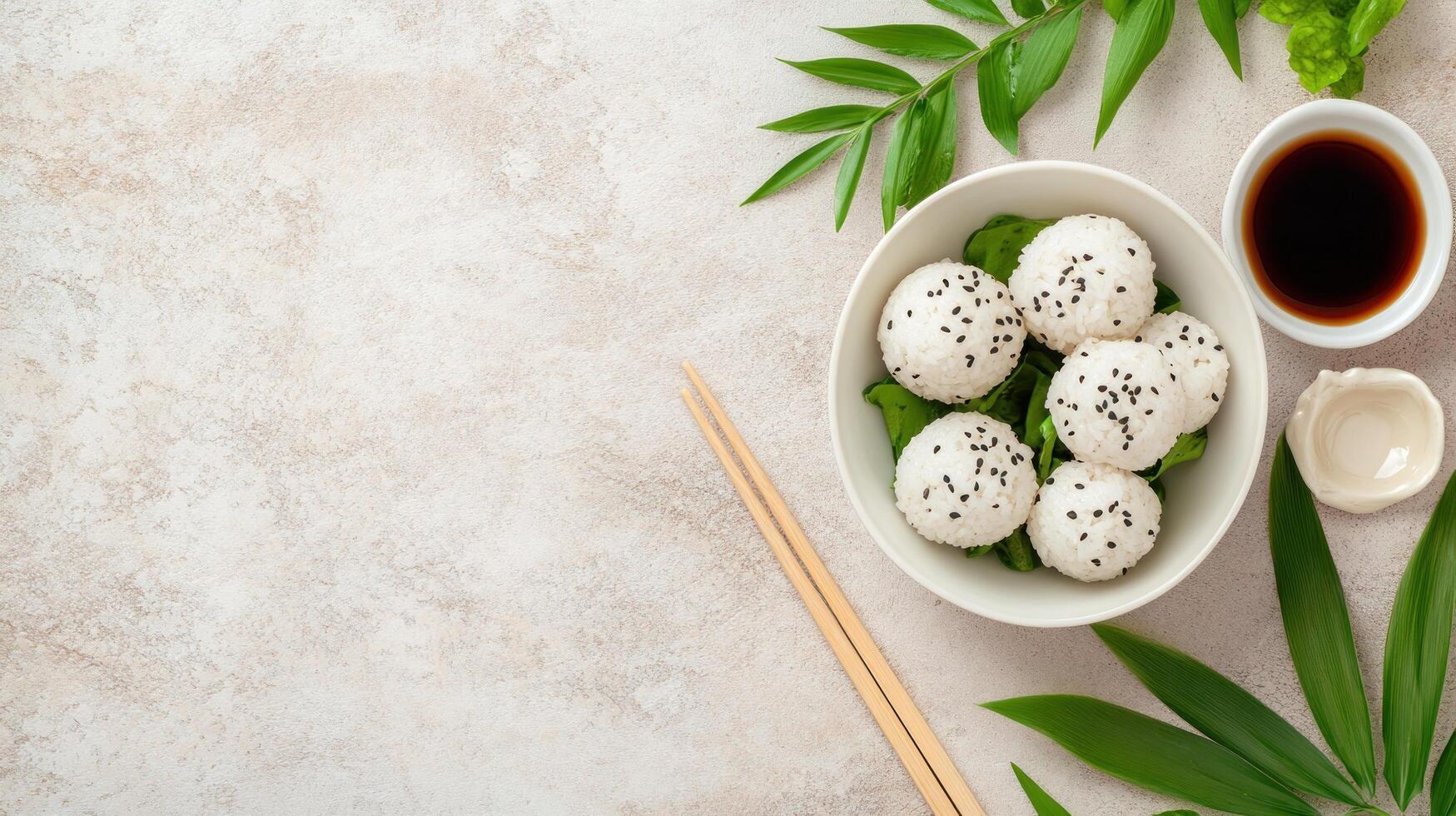 Dumplings in a bowl with chopsticks surrounded by green leaves against a textured background for healthy eating photo