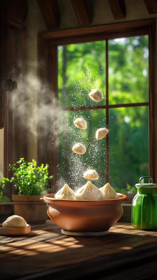 Dumplings falling into a bowl with a green background, home setting. Food photography photo