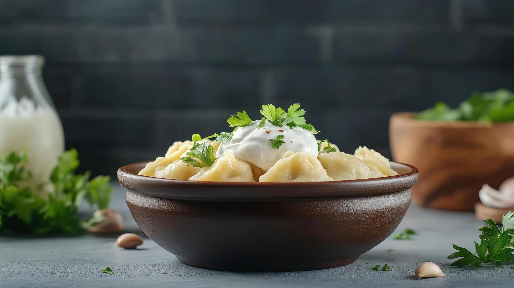 Dumplings in bowl with cream topping and parsley, on table, milk jug, food photography photo