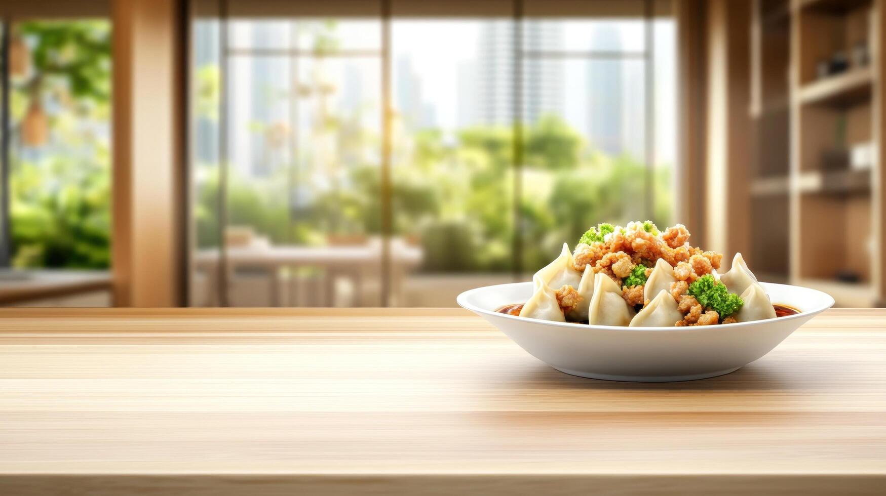 Dumplings on wood counter in a bright home kitchen in front of a window photo