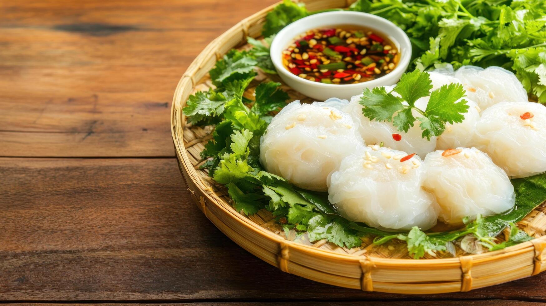 Dumplings served with sauce and herbs in a basket on a wooden table for restaurant menu photo