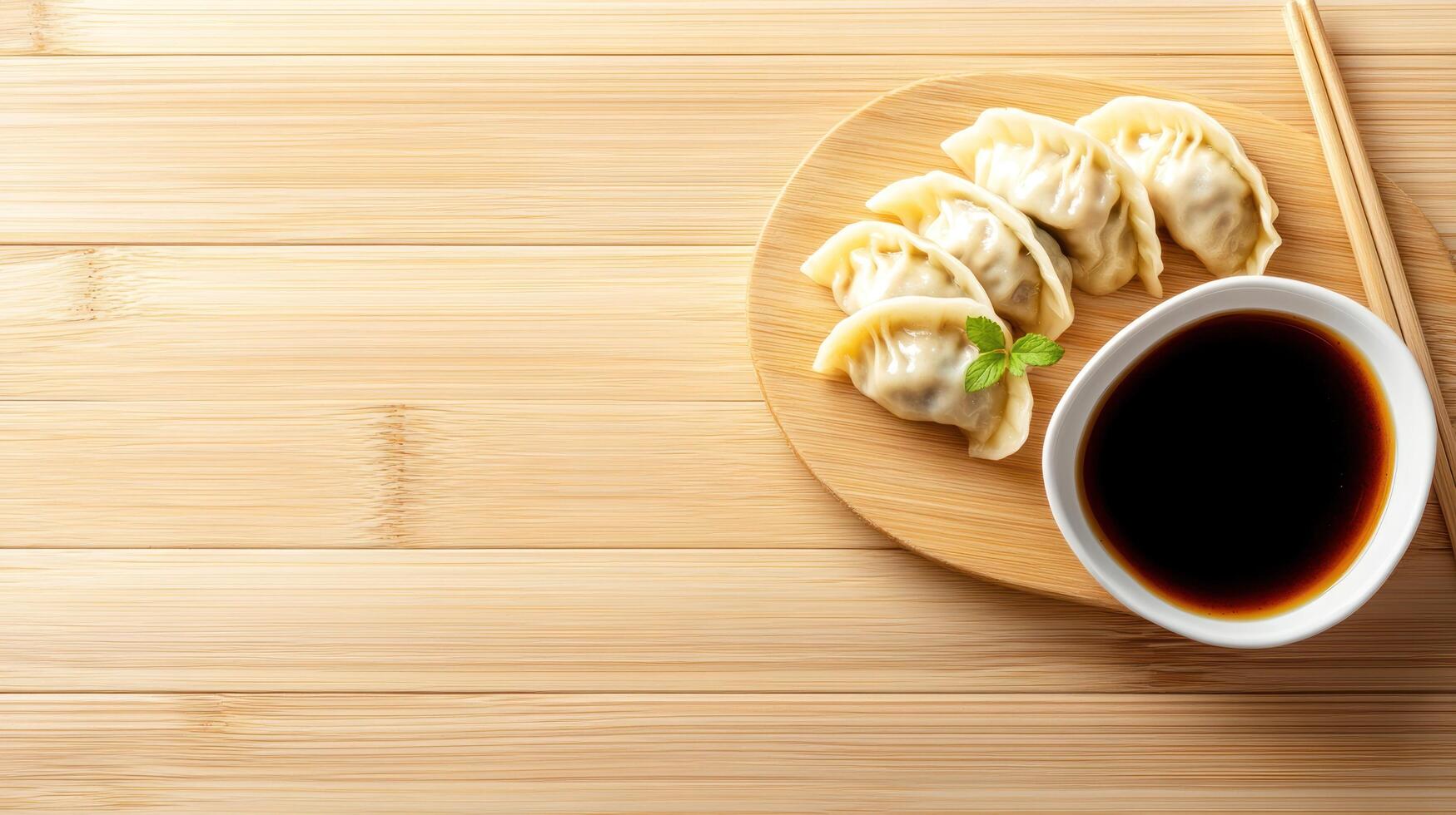 Dumplings sit by soy sauce on a wooden board, ready to eat. Food backdrop photo