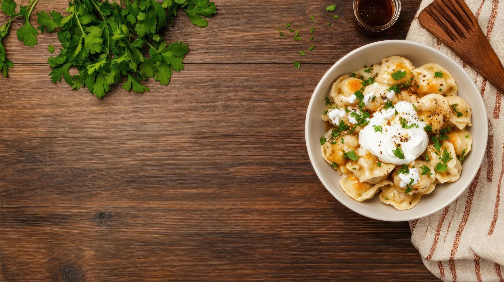 Dumplings served with sour cream and parsley on wooden table, viewed from above for food blog use photo