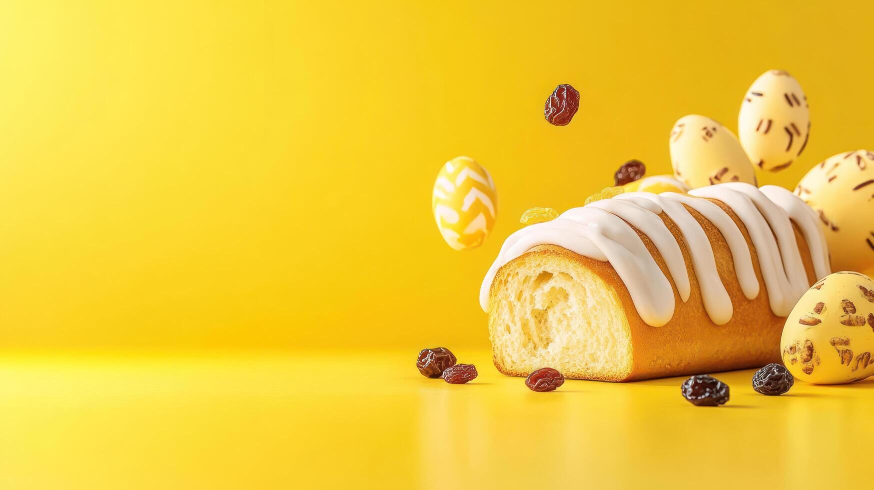 Easter bread with icing and eggs displayed on bright yellow background for a holiday celebration photo