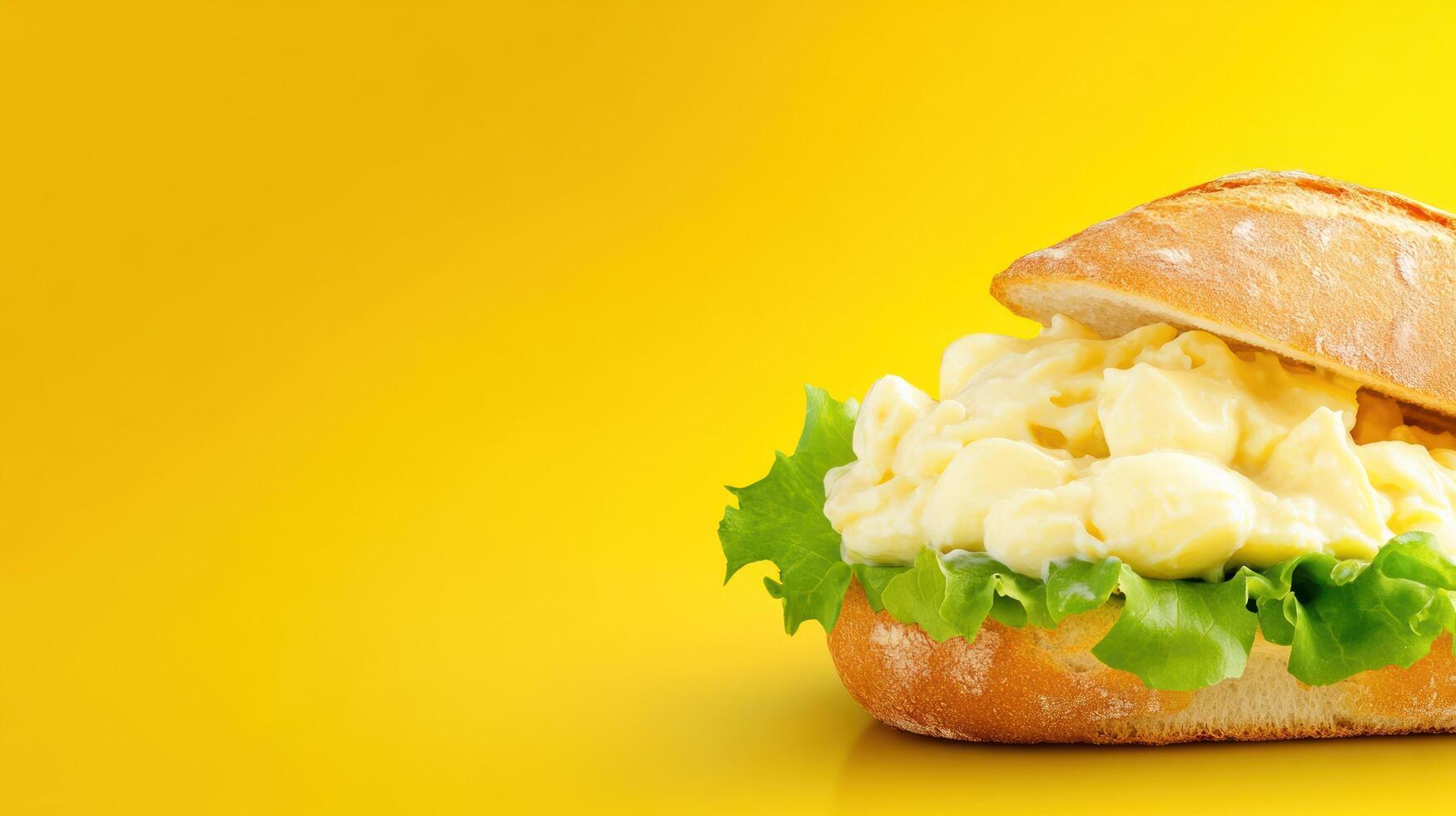 Egg salad sandwich with lettuce, isolated on yellow. Lunch or snack for fast food menu photo