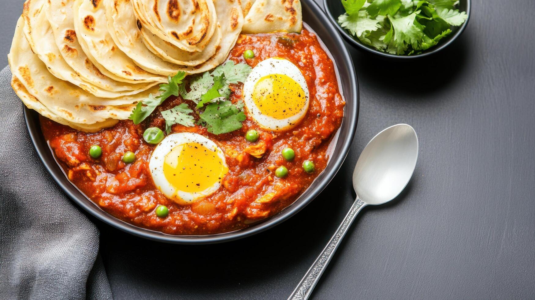 Egg curry and roti bread, garnished with cilantro on a gray surface, used for meal promotions photo