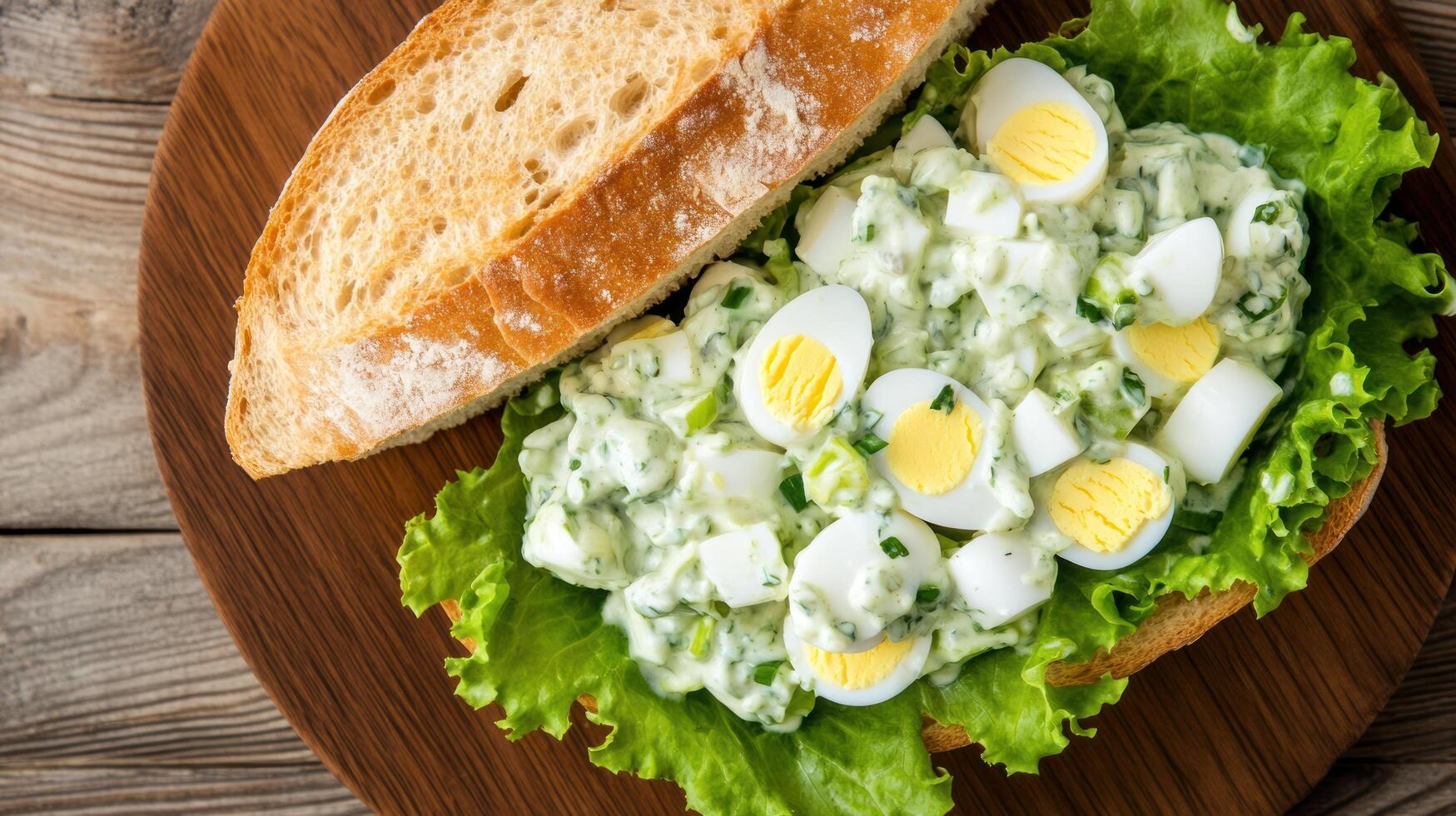 Egg salad on bread with lettuce, a healthy lunch, picnic or breakfast, on wood background photo