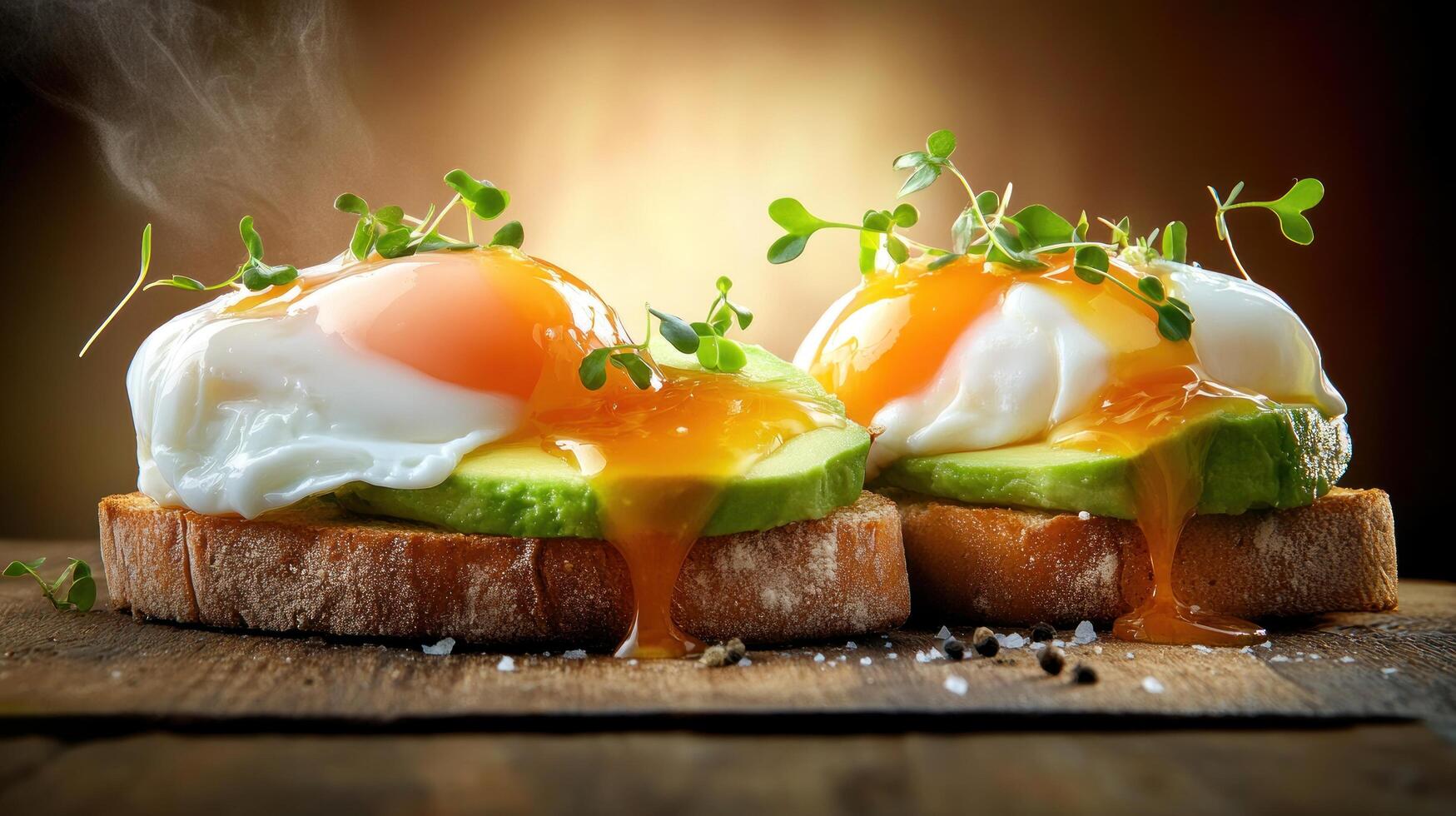 Eggs Benedict on toast with hollandaise sauce and avocado against warm light. Food photography photo