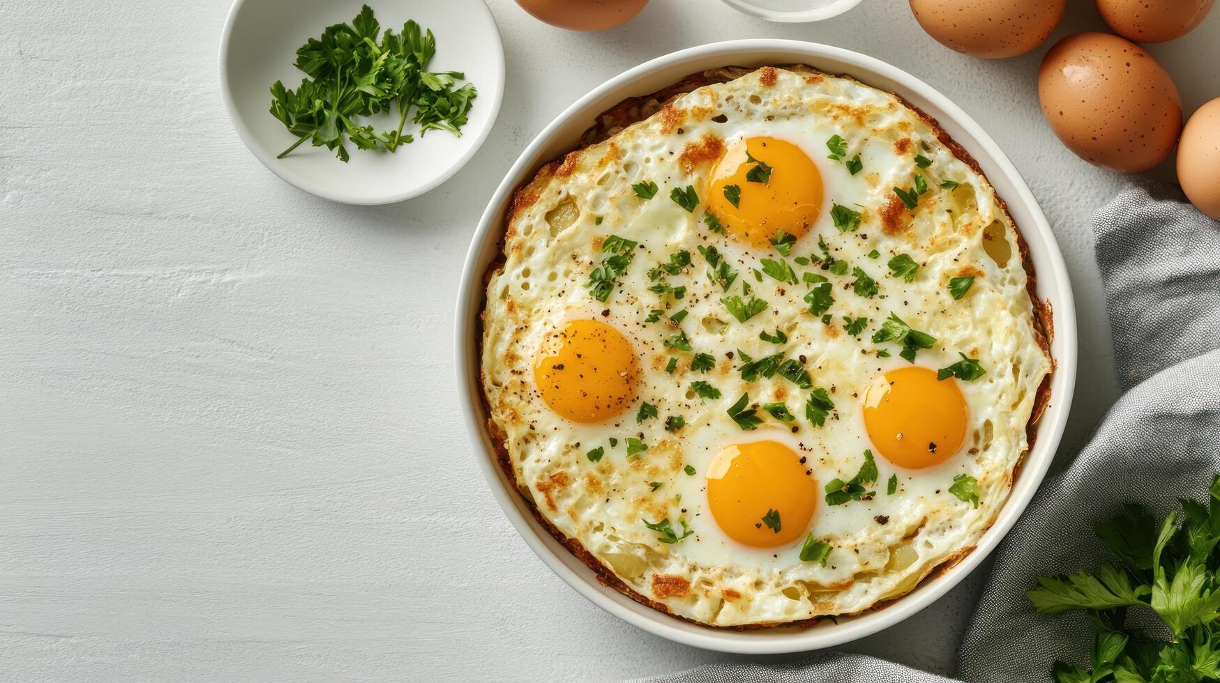 Eggs with herbs. Home cooking on white background. Culinary blog, menu photo