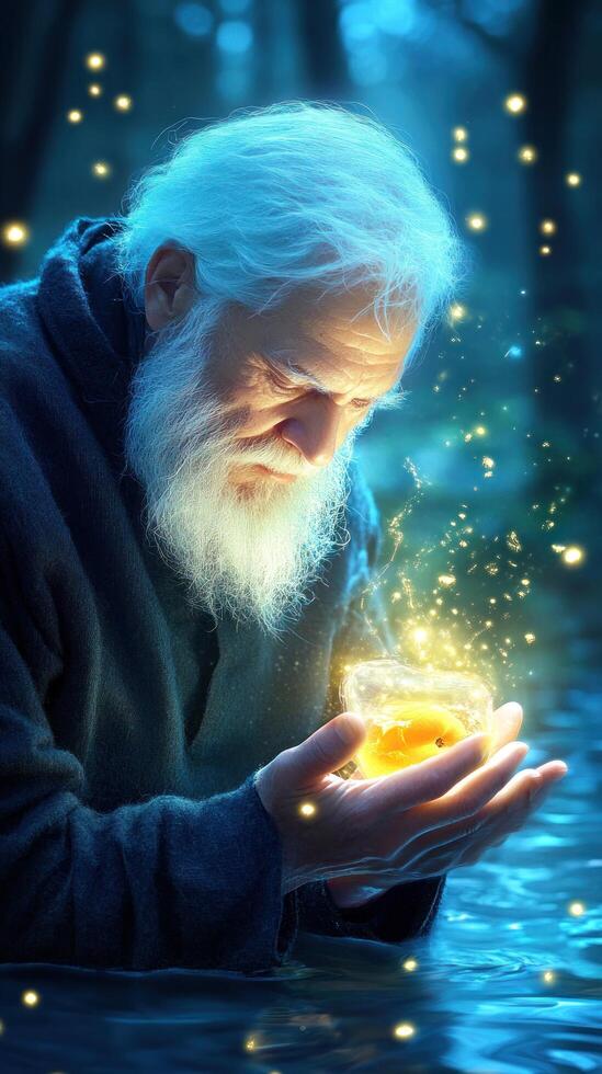Elderly wizard with magical glowing potion in a forest. Use for fantasy illustrations photo