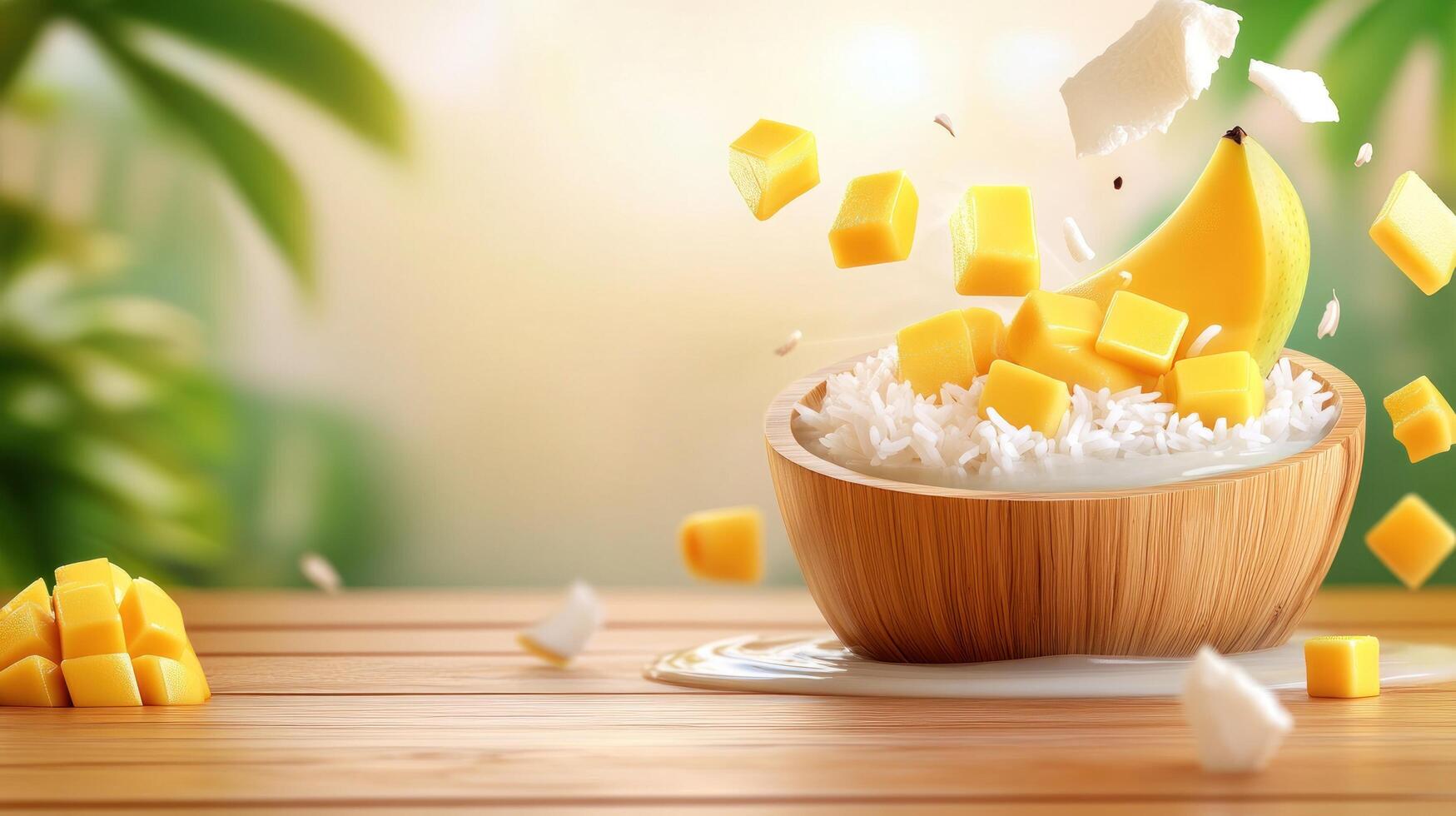 Exotic fruits, coconut, and mango are falling into a bowl on a wooden table. Summer background photo