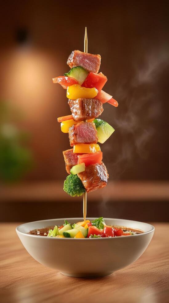 Elevated kabob with veggies, steam. Asian dish on wood table against blurred bokeh back. Food blog photo