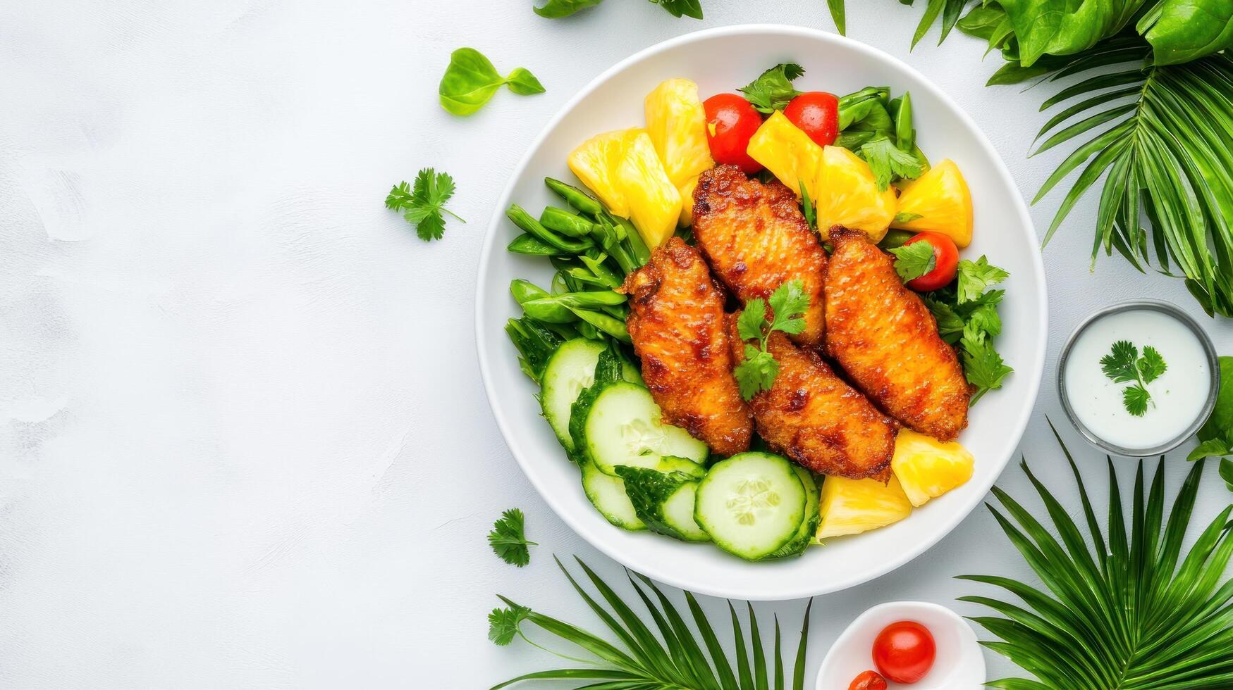 Exotic salad with greens, chicken, pineapple, and cucumber served on a white surface with green leaves photo