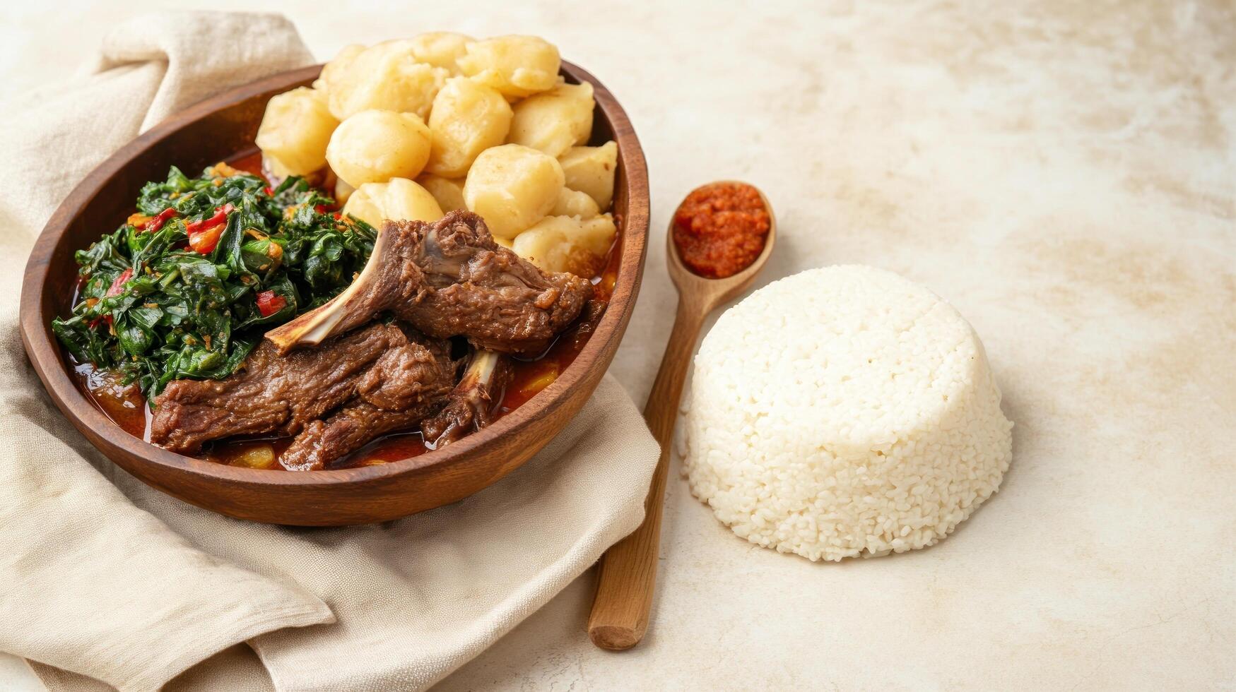 Elegant dish roasted lamb with potatoes, spinach and rice, served in a wooden bowl for a menu photo